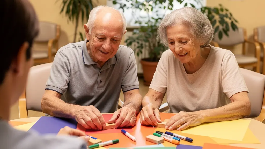 Deux résidents participant à un atelier collectif en EHPAD