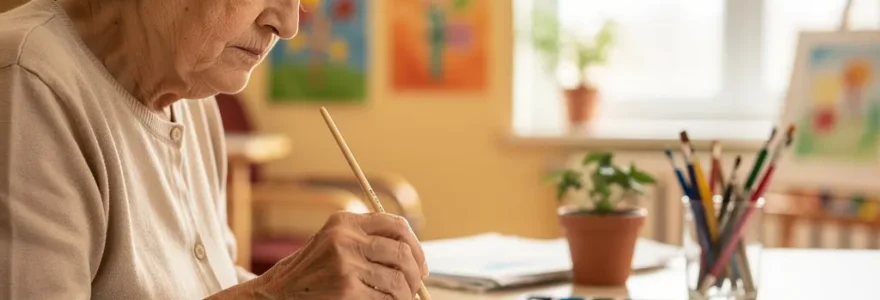 Résidente âgée concentrée sur un atelier de peinture en EHPAD