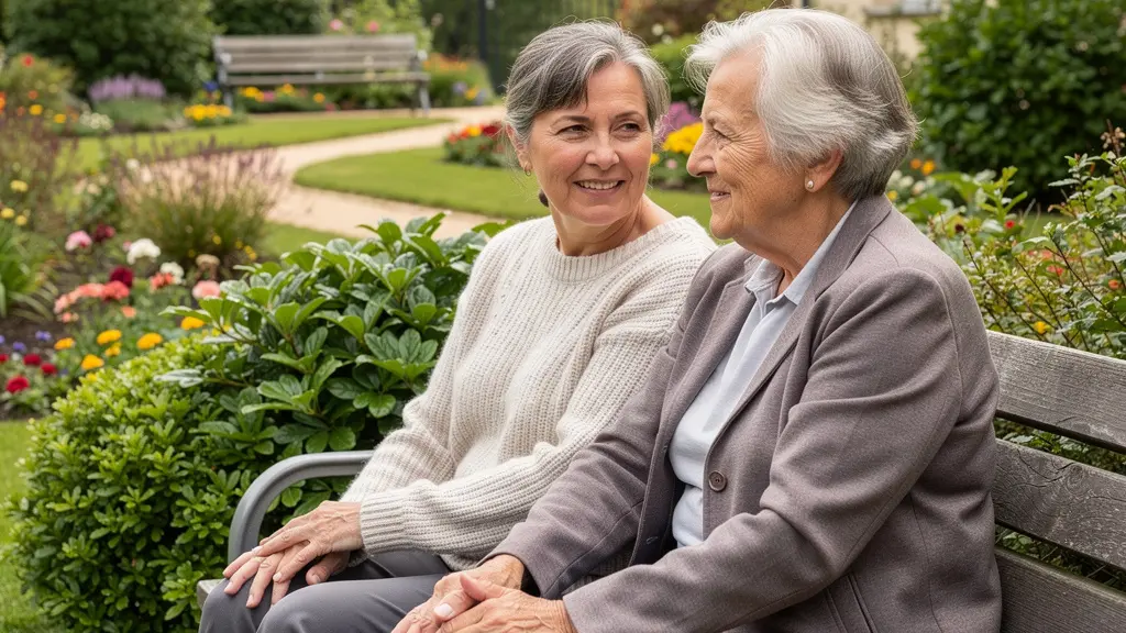 Proche rendant visite à un parent âgé dans le jardin d'un EHPAD