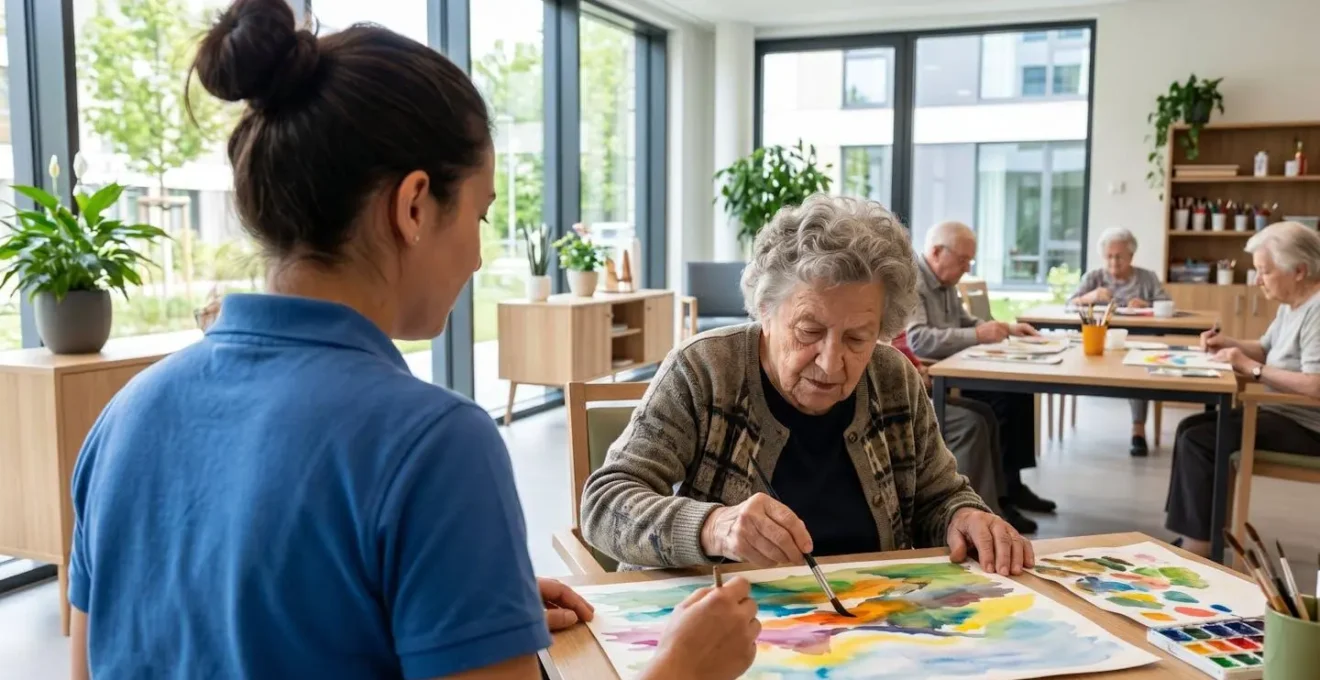 Une animatrice observe discrètement une résidente senior concentrée sur un atelier de peinture dans une salle lumineuse d'EHPAD