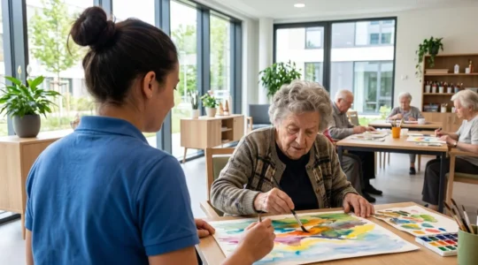 Une animatrice observe discrètement une résidente senior concentrée sur un atelier de peinture dans une salle lumineuse d'EHPAD