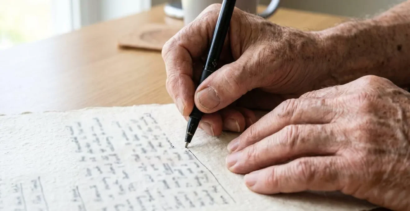 Gros plan sur des mains ridées de personne âgée tenant un stylo et écrivant sur un document, avec un arrière-plan flouté