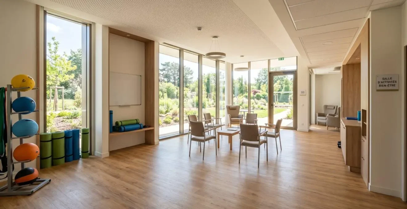 Une salle d'activités vide dans un EHPAD contemporain avec tapis de gym douce, ballons et chaises adaptées, grande baie vitrée laissant entrer la lumière naturelle