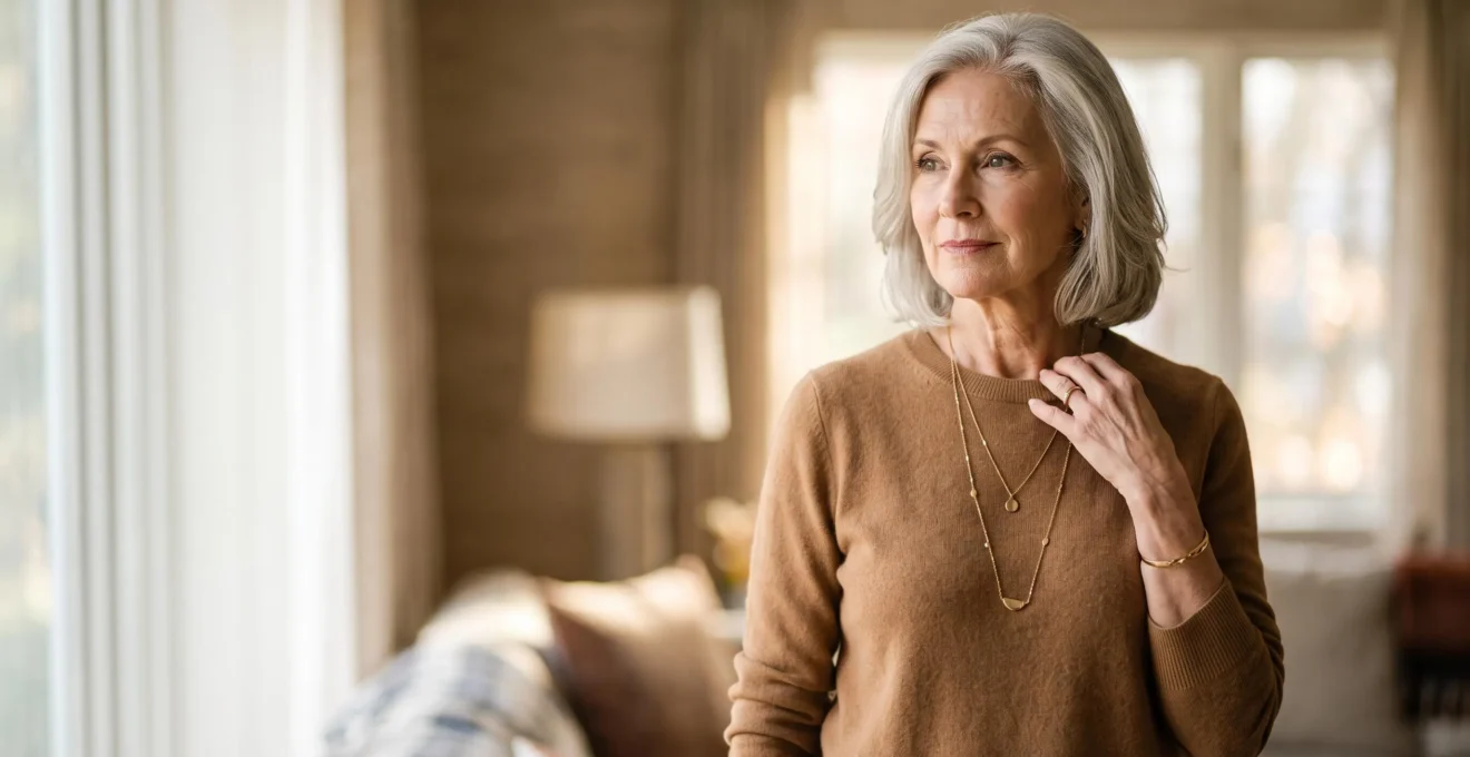 Femme senior élégante portant un collier discret qui dissimule un dispositif d'alerte, dans un intérieur lumineux