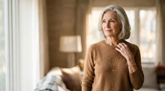 Femme senior élégante portant un collier discret qui dissimule un dispositif d'alerte, dans un intérieur lumineux
