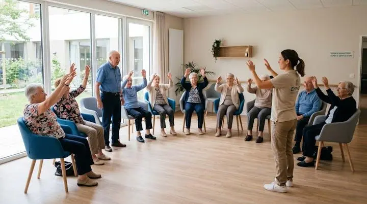 Groupe de résidents seniors debout et assis en cercle dans une salle d'activités lumineuse d'EHPAD, suivant des mouvements de bras guidés par une animatrice professionnelle