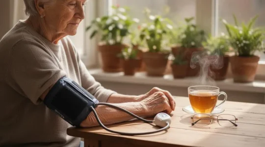 Personne senior mesurant sereinement sa tension artérielle chez elle le matin, dans une ambiance calme et lumineuse