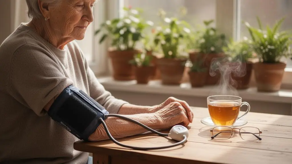 Personne senior mesurant sereinement sa tension artérielle chez elle le matin, dans une ambiance calme et lumineuse