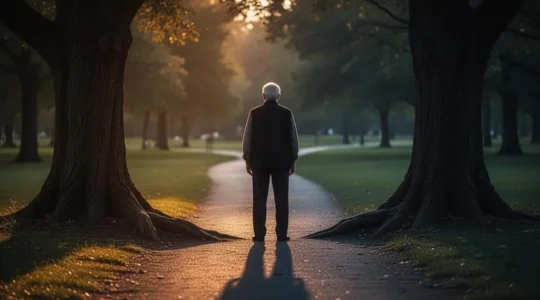 Une personne senior regardant un chemin qui se divise en plusieurs directions, symbolisant les phases du troisieme age