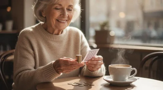 Senior souriant tenant quelques pièces de monnaie et un ticket de jeu vierge près d'une tasse de café, symbole d'un plaisir budgétisé et maîtrisé