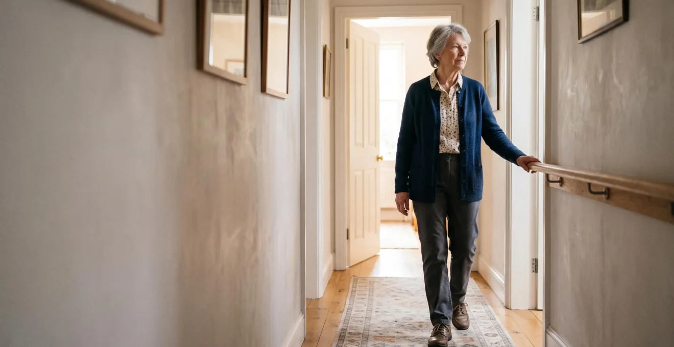 Senior de plus de 75 ans se déplaçant en toute sécurité dans un intérieur lumineux et aménagé