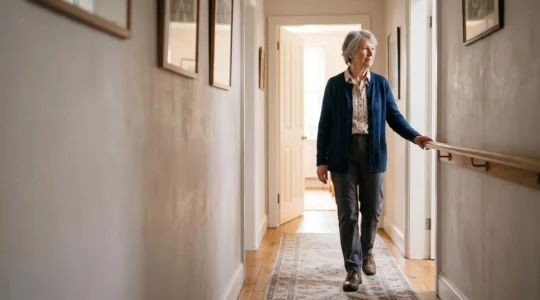 Senior de plus de 75 ans se déplaçant en toute sécurité dans un intérieur lumineux et aménagé