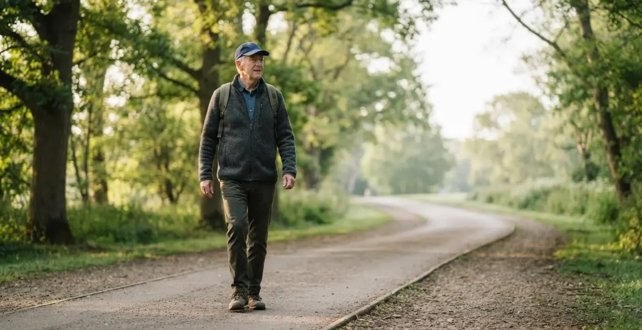 Senior marchant d'un pas assuré sur un chemin extérieur lumineux, symbole de progression vers 6000 pas par jour sans douleur