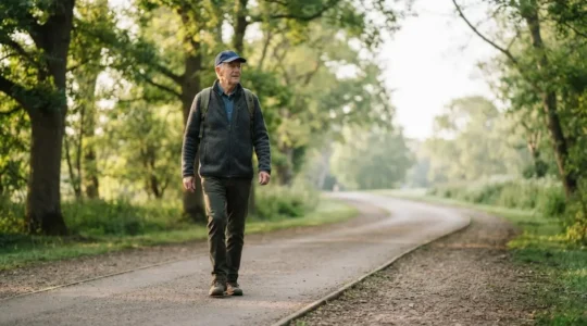 Senior marchant d'un pas assuré sur un chemin extérieur lumineux, symbole de progression vers 6000 pas par jour sans douleur