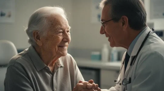 Portrait chaleureux d'une personne âgée et de son médecin traitant illustrant une relation de confiance construite sur plusieurs années