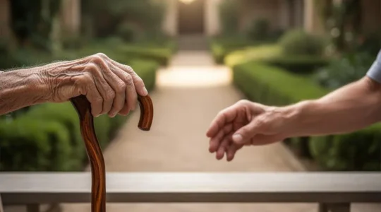 Une personne âgée et son proche aidant regardant ensemble au loin plusieurs chemins symbolisant le choix entre EHPAD, USLD et résidence services