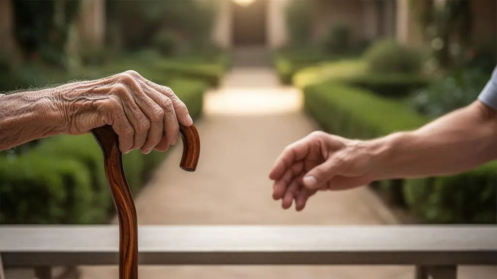 Une personne âgée et son proche aidant regardant ensemble au loin plusieurs chemins symbolisant le choix entre EHPAD, USLD et résidence services