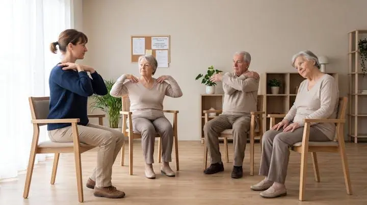Petit groupe de résidents seniors assis effectuant des rotations d'épaules et étirements doux guidés par un animateur dans une salle d'activités EHPAD lumineuse