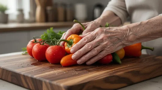 Une personne âgée prépare avec soin des légumes frais dans une cuisine lumineuse et adaptée