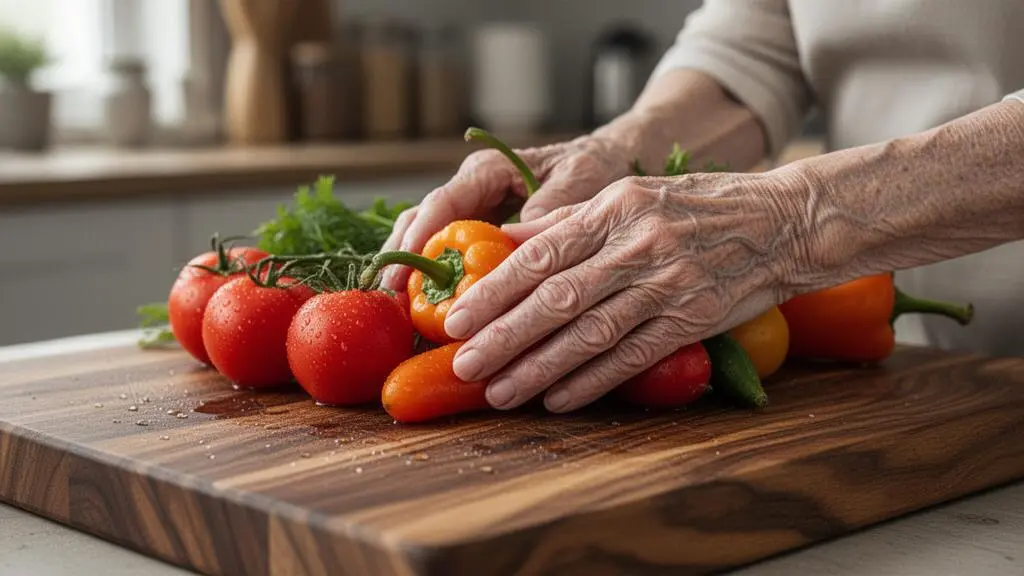 Une personne âgée prépare avec soin des légumes frais dans une cuisine lumineuse et adaptée