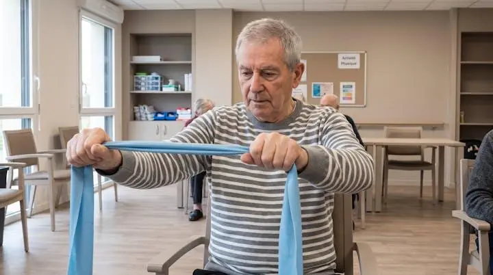 Résident senior assis utilisant un élastique de résistance pour un exercice de renforcement des bras dans une chambre ou salle d'activités EHPAD