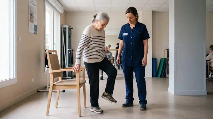 Résidente senior de 80 ans effectuant un exercice d'équilibre sur une jambe avec appui léger sur une chaise, accompagnée d'une kinésithérapeute qui observe sa posture