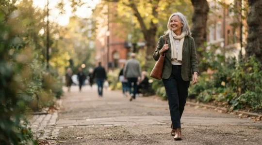 Personne âgée active et souriante incarnant la rupture avec les stéréotypes liés à l'âge, dans une posture confiante et dynamique
