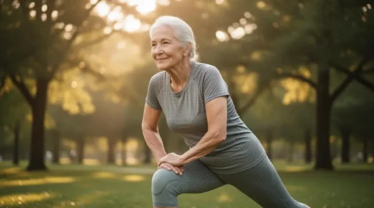 Senior de plus de 70 ans pratiquant une activité physique douce en extérieur malgré l'arthrose