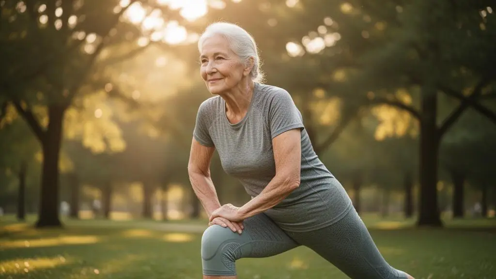 Senior de plus de 70 ans pratiquant une activité physique douce en extérieur malgré l'arthrose