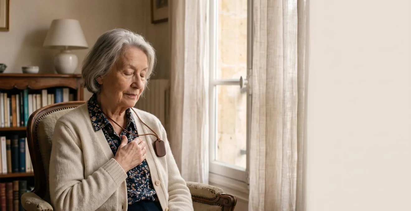 Senior a domicile actionnant son medaillon de teleassistance pour alerter les secours