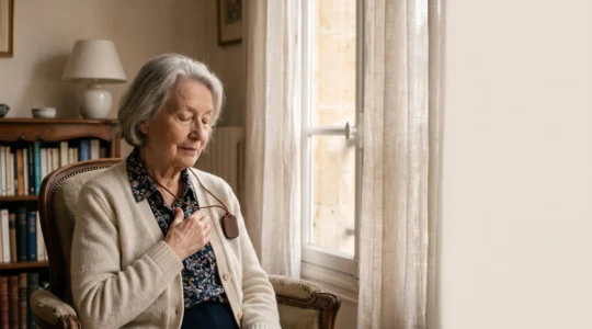 Senior a domicile actionnant son medaillon de teleassistance pour alerter les secours