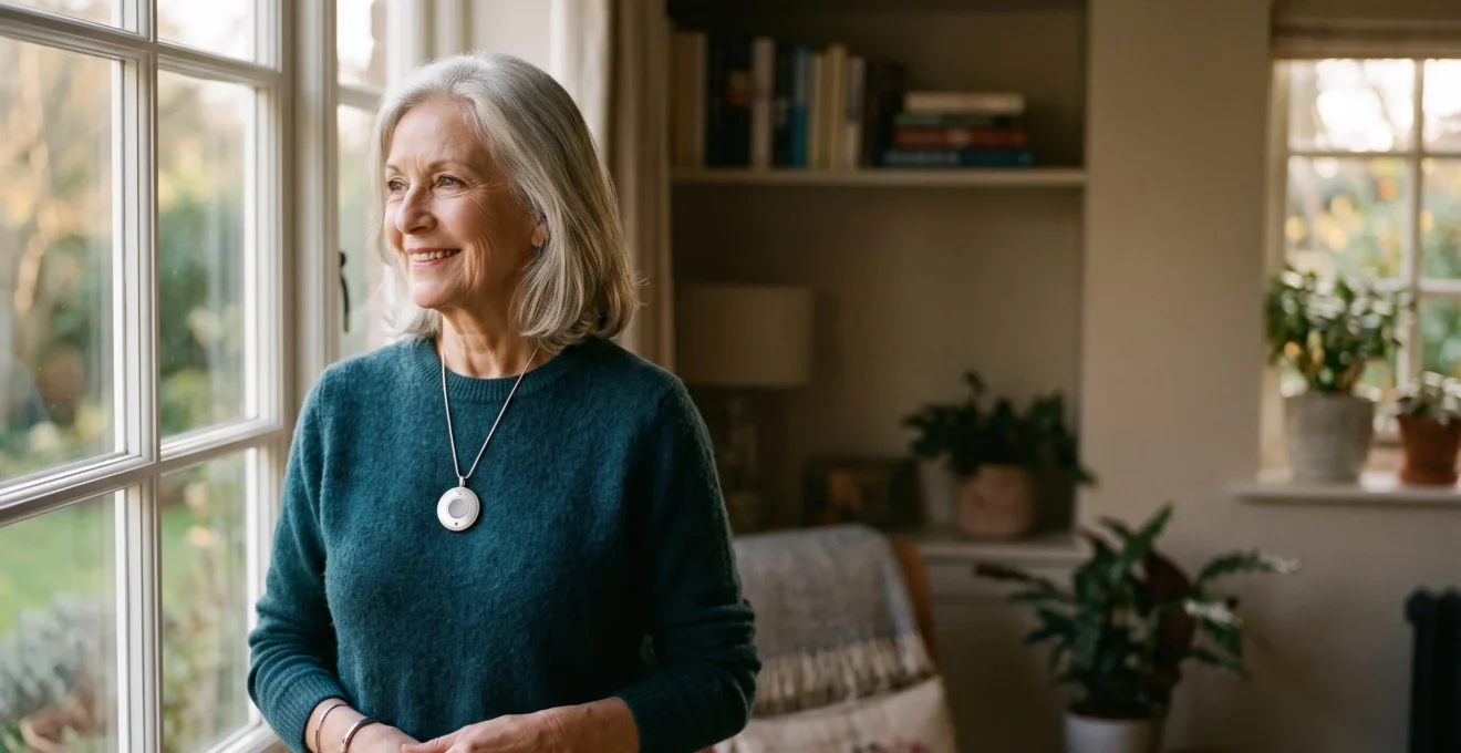 Femme senior souriante et confiante portant un médaillon d'alerte discret au design bijou, dans un cadre lumineux et chaleureux