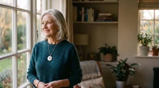 Femme senior souriante et confiante portant un médaillon d'alerte discret au design bijou, dans un cadre lumineux et chaleureux