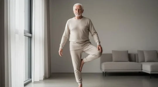 Homme senior en tenue de sport testant son équilibre sur une jambe dans un intérieur lumineux et épuré
