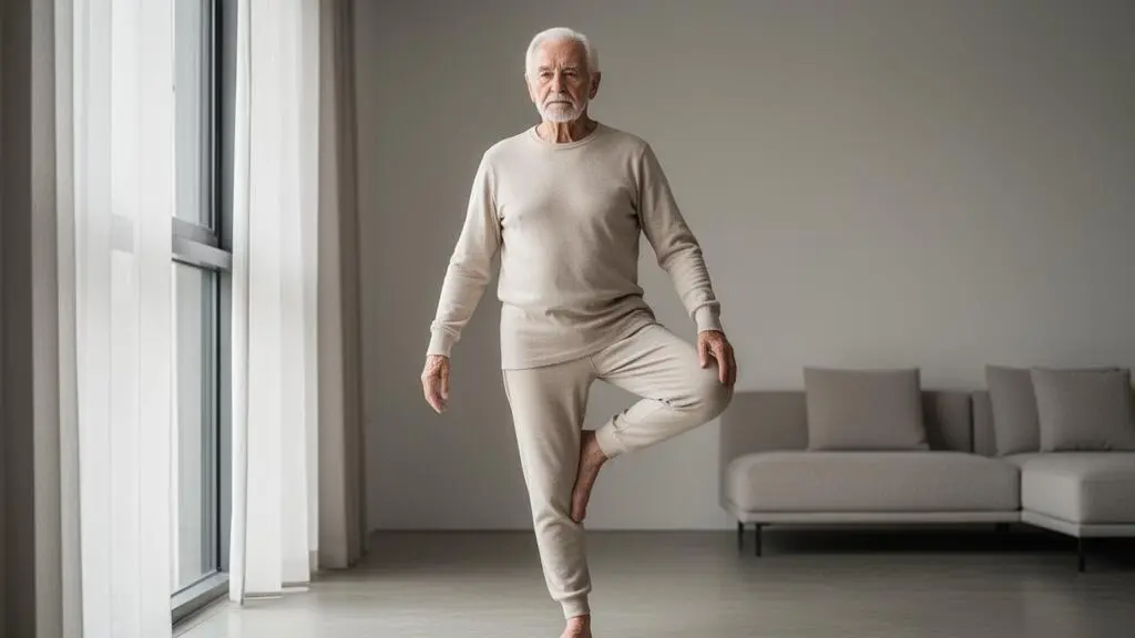 Homme senior en tenue de sport testant son équilibre sur une jambe dans un intérieur lumineux et épuré