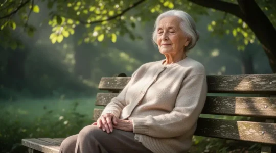 Personne âgée de plus de 70 ans souriante, main posée sur son genou en extérieur, symbolisant le soulagement des douleurs d'arthrose sans anti-inflammatoires