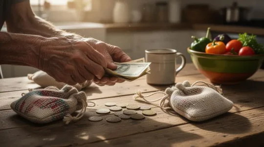 Personne agee organisant des pieces et billets sur une table en bois dans une cuisine lumineuse, symbolisant la gestion sereine d'un petit budget mensuel