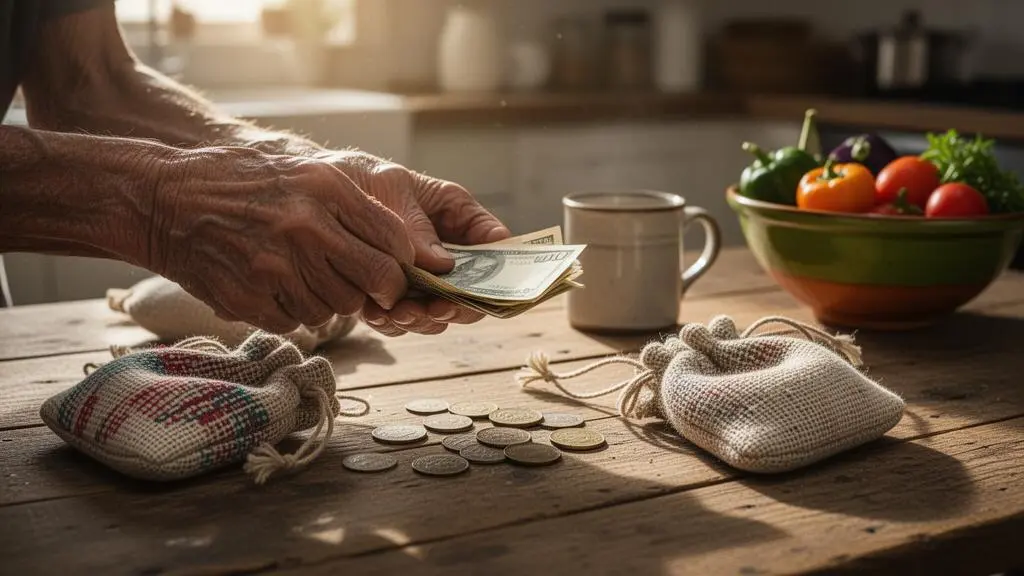 Personne agee organisant des pieces et billets sur une table en bois dans une cuisine lumineuse, symbolisant la gestion sereine d'un petit budget mensuel