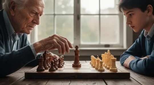 Un senior serein et concentré déplace une pièce sur un échiquier face à un jeune adversaire, dans une lumière chaleureuse