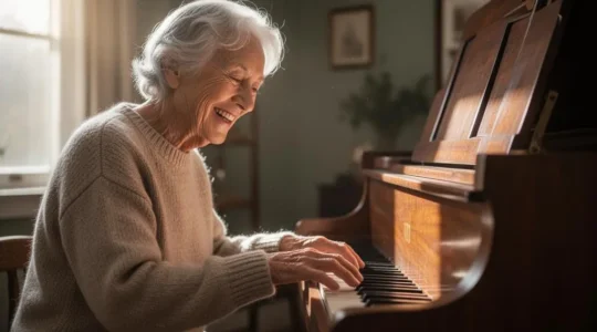 Une personne senior souriante en train de decouvrir la pratique d'un instrument de musique dans un interieur lumineux