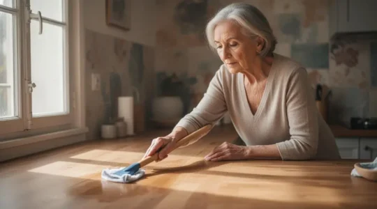 Une personne senior essuie une surface de sa cuisine avec un geste doux et adapté, illustrant un ménage respectueux des articulations