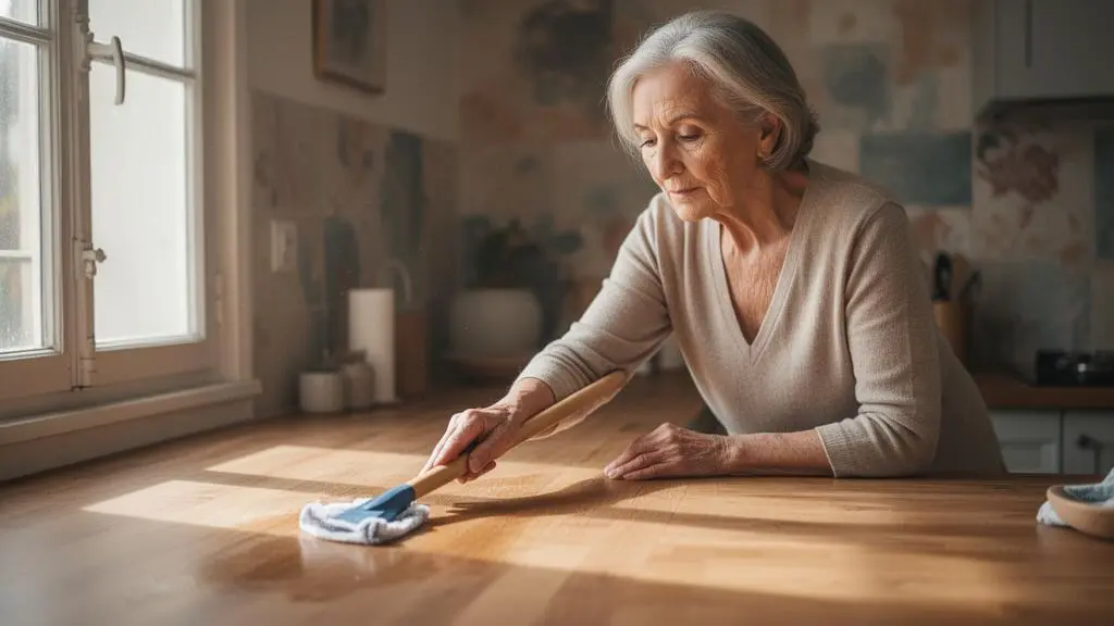Une personne senior essuie une surface de sa cuisine avec un geste doux et adapté, illustrant un ménage respectueux des articulations