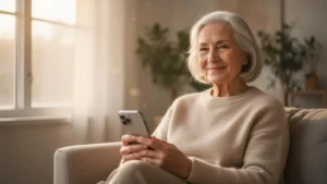 Personne senior souriante et détendue tenant un smartphone dans une lumière naturelle chaleureuse, symbole d'une relation apaisée au numérique
