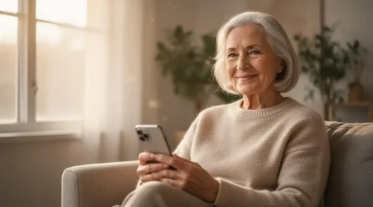 Personne senior souriante et détendue tenant un smartphone dans une lumière naturelle chaleureuse, symbole d'une relation apaisée au numérique