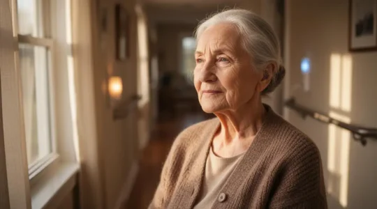 Personne agee souriante assise dans un salon lumineux et securise, sans danger visible autour d'elle