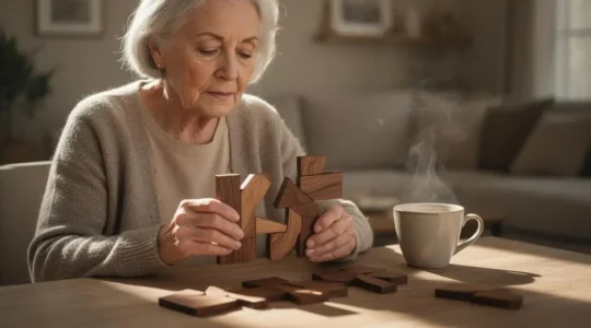 Personne senior concentrée et souriante pendant sa séance quotidienne de stimulation cognitive dans un intérieur lumineux