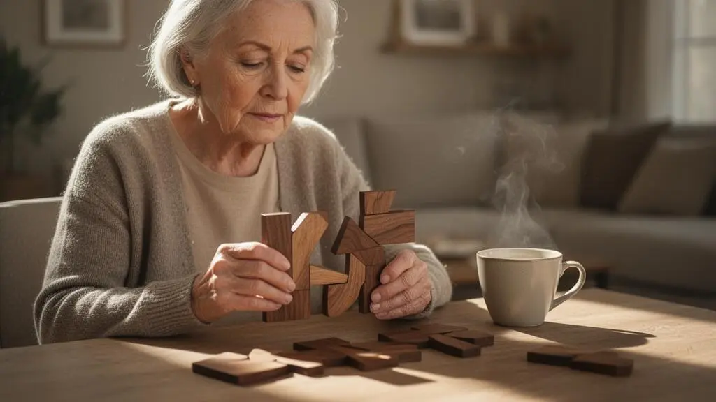 Personne senior concentrée et souriante pendant sa séance quotidienne de stimulation cognitive dans un intérieur lumineux