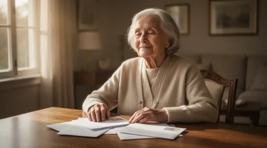 Personne senior souriante consultant des documents financiers à la lumière naturelle, symbolisant la récupération d'aides oubliées