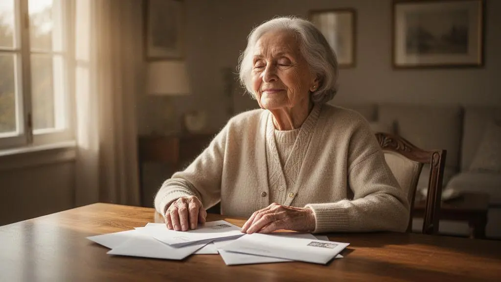 Personne senior souriante consultant des documents financiers à la lumière naturelle, symbolisant la récupération d'aides oubliées