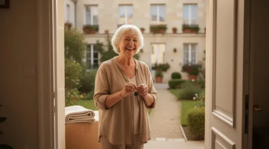 Femme senior souriante franchissant le seuil lumineux de son nouvel appartement en résidence autonomie